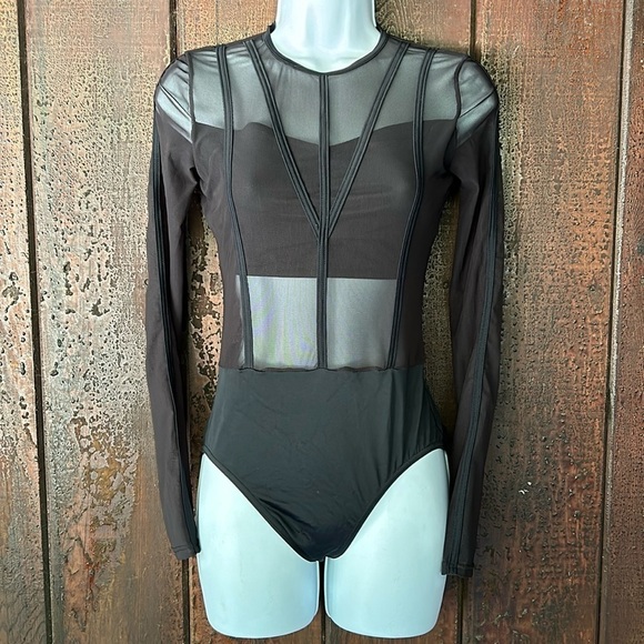 Weissman Tops - Sheer Black Mesh Long Sleeve High Neck Leotard Dance Halloween Costume